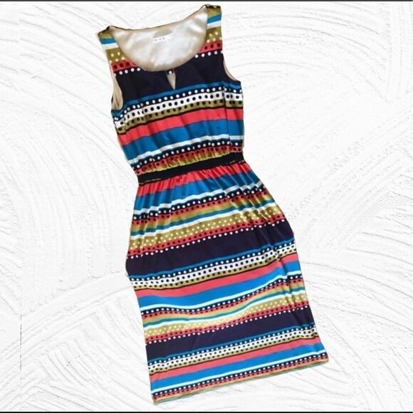 Cleo Stripes & Dots Geometric Sleeveless Maxi Dress Cinched Waist Women’s 4 - Picture 1 of 4